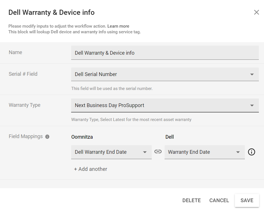 Dell warranty and device information block – Oomnitza Documentation