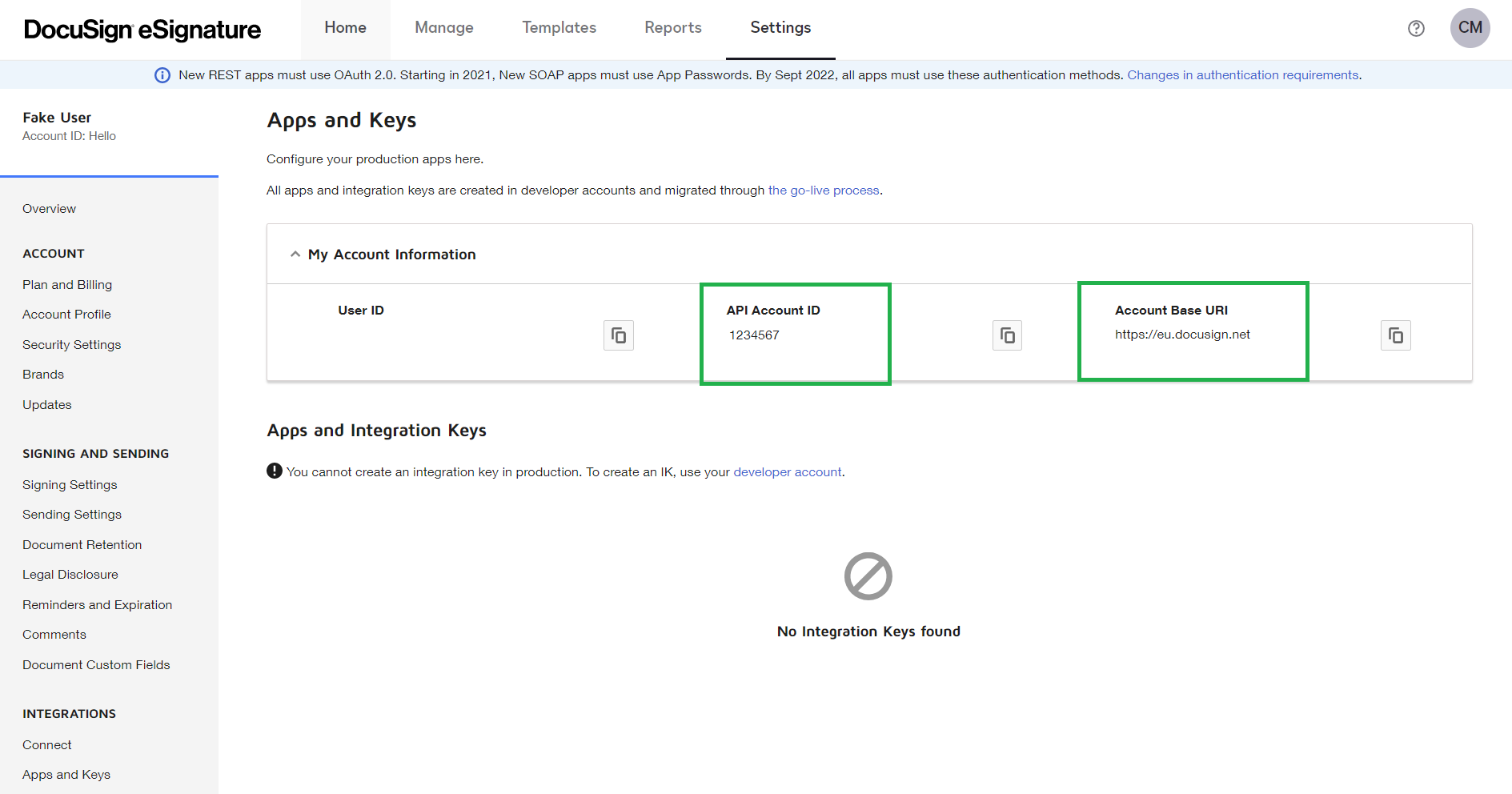 Set your DocuSign API Account ID and Account Base URI as a global